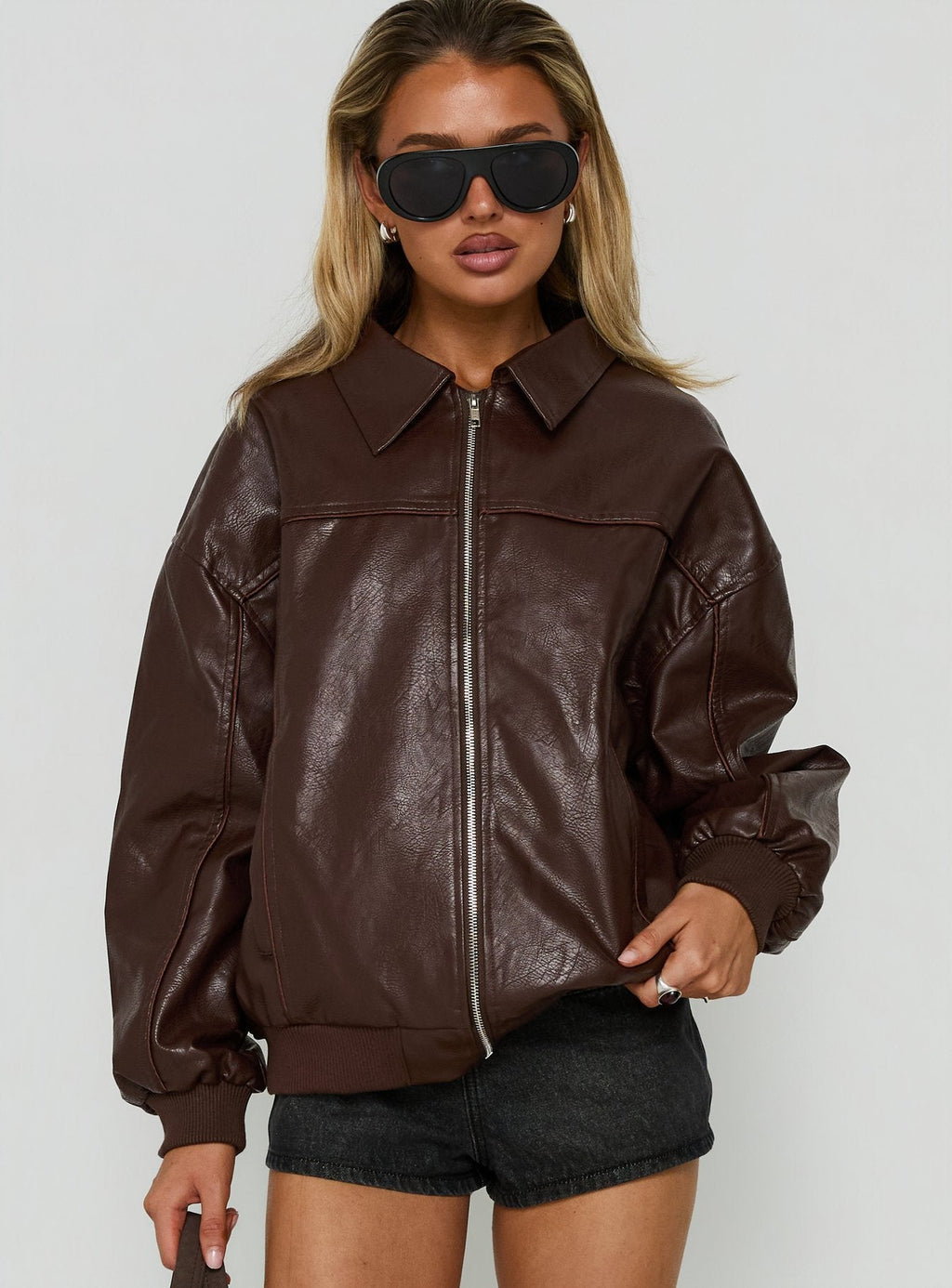 Goldsmith Faux Leather Bomber Jacket Brown